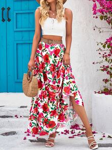 SHEIN VCAY Allover Floral Print Ruffle Hem Skirt Without Belt - White - View 3