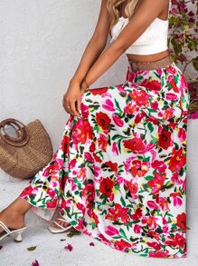 SHEIN VCAY Allover Floral Print Ruffle Hem Skirt Without Belt - White - View 5