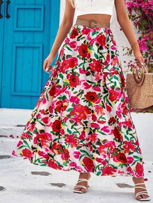 SHEIN VCAY Allover Floral Print Ruffle Hem Skirt Without Belt - White - View 6