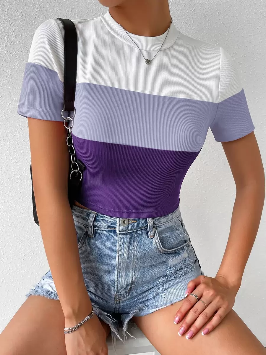 SHEIN EZwear 撞色條紋針織T恤 - 紫色 - 查看 1