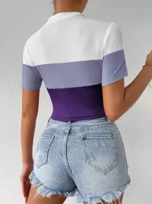 SHEIN EZwear 撞色條紋針織T恤 - 紫色 - 查看 2