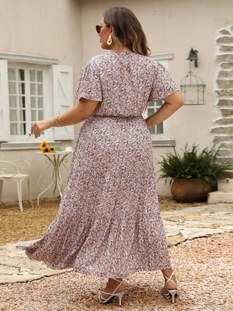 Nemidor Plus Size Ditsy Floral Ruffle Hem Bohemian Style Summer Dress Elegant Casual