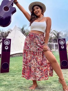 SHEIN LUNE Plus Paisley Print Tie Waist Ruffle Hem Skirt - Multicolor - View 5