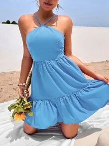 Soleia 素色荷葉邊露背繫帶吊帶連衣裙 - 藍色 - 查看 6