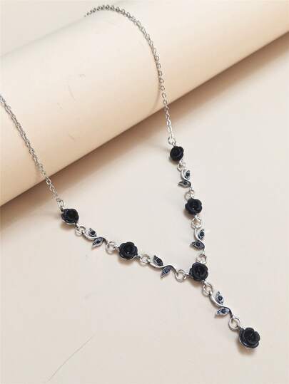 1pc Black Rose Flower & Leaf Shaped Black Gemstone Necklace, Suitable For Women's Daily Wear Valentines,Mom,Mother,Mother's Day,Gift