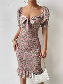 Chiquease Đầm Viên lá sen Dải chun Thắt nơ trước Họa tiết hoa Boho - Nhiều màu - Xem 4