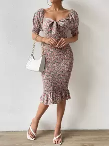 Chiquease Đầm Viên lá sen Dải chun Thắt nơ trước Họa tiết hoa Boho - Nhiều màu - Xem 6