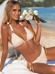 Swim Vcay Summer Beach Solid Ring Detail Halter Triangle Tie Side Bikini Set