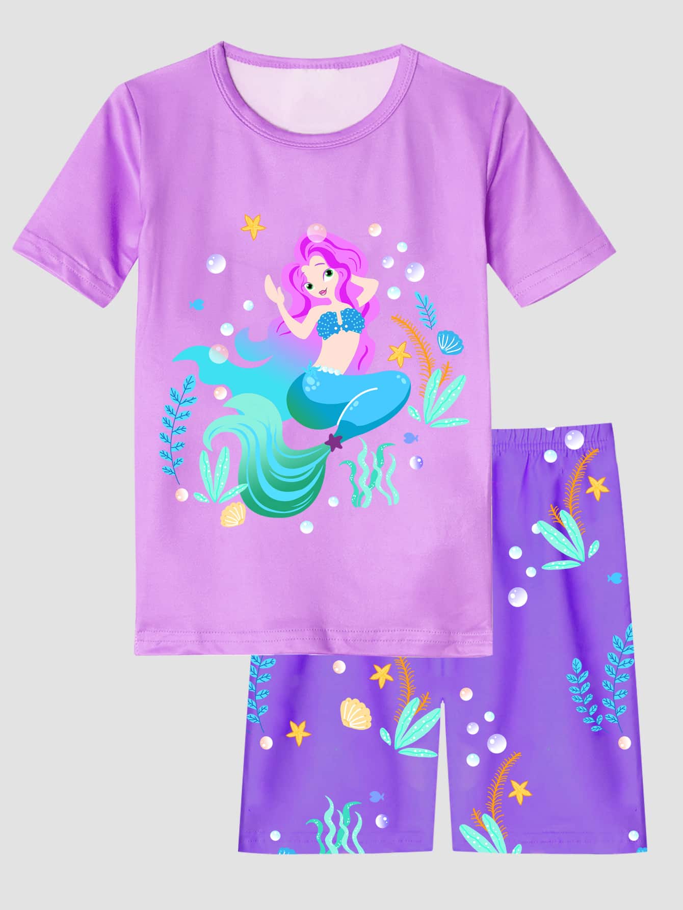 女孩美人魚圖案緊身睡衣套裝 - 彩色 - 查看 1