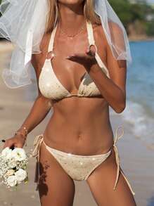 Swim Vcay Summer Beach Solid Ring Detail Halter Triangle Tie Side Bikini Set
