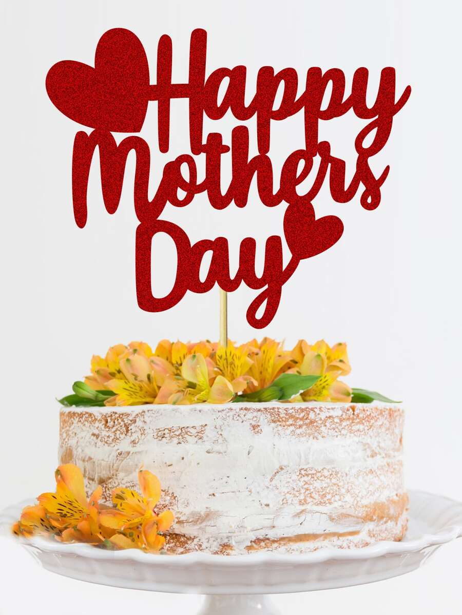 1 pieza de adorno de pastel de papel, diseño de eslogan moderno decoración superior de pastel para el día de la madre - Rojo - Ver 1