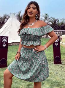 SHEIN Holidaya Falda con top con estampado de paisley de hombros descubiertos ribete con fruncido - Verde militar - Ver 3