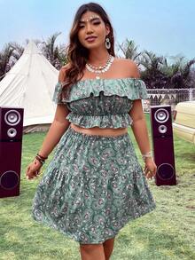 SHEIN Holidaya Falda con top con estampado de paisley de hombros descubiertos ribete con fruncido - Verde militar - Ver 4