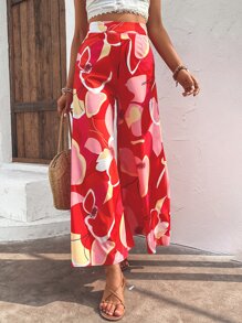 SHEIN VCAY Allover Print Wide Leg Trousers - Red - View 3