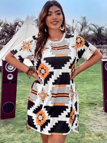 SHEIN LUNE Plus Geo Print Tee Dress - Multicolor - View 5