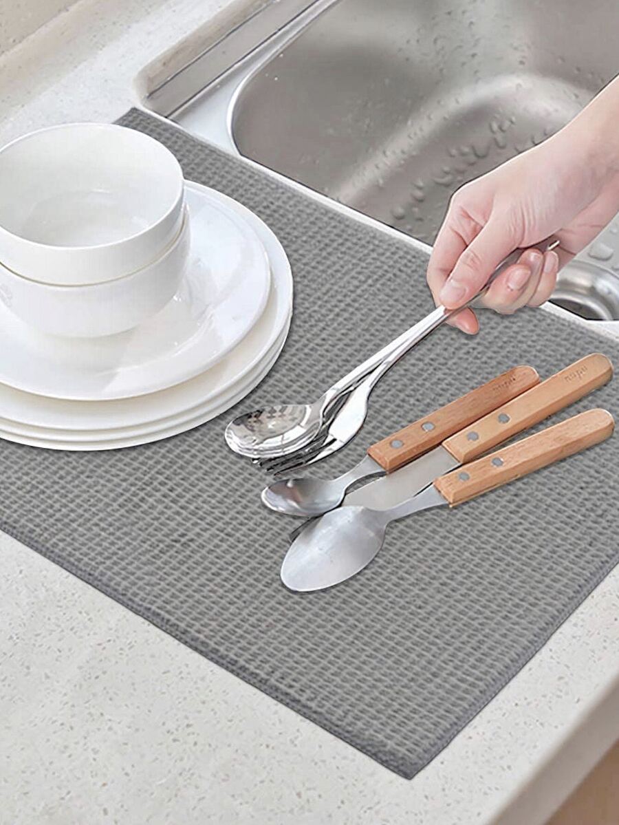1pc Solid Color Absorbent Dish Drying Mat, Polyester Dish Placement For Kitchen - Grey - View 1