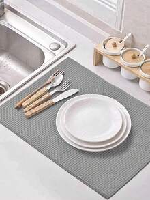 1pc Solid Color Absorbent Dish Drying Mat, Polyester Dish Placement For Kitchen - Grey - View 7