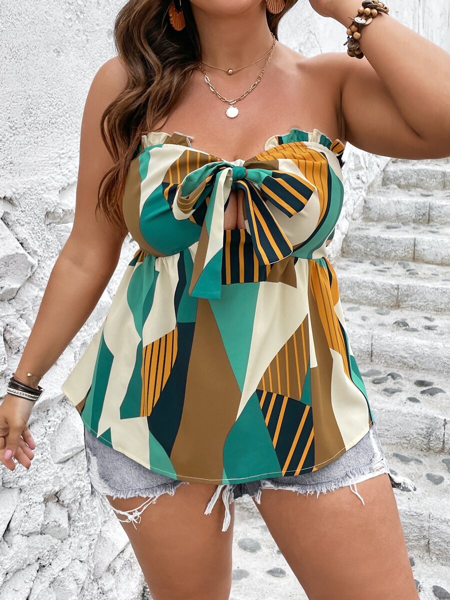 SHEIN LUNE Top bandeau con estampado geométrico con nudo delantero - Multicolor - Ver 1