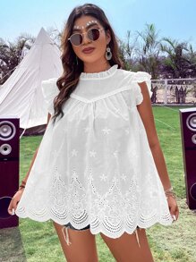 SHEIN Clasi 大碼網眼刺繡貝殼邊襯衫 - 白色 - 查看 4