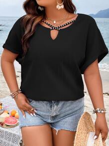 SHEIN LUNE Plus Pearls Beaded Keyhole Neckline Batwing Sleeve Blouse - Black - View 1