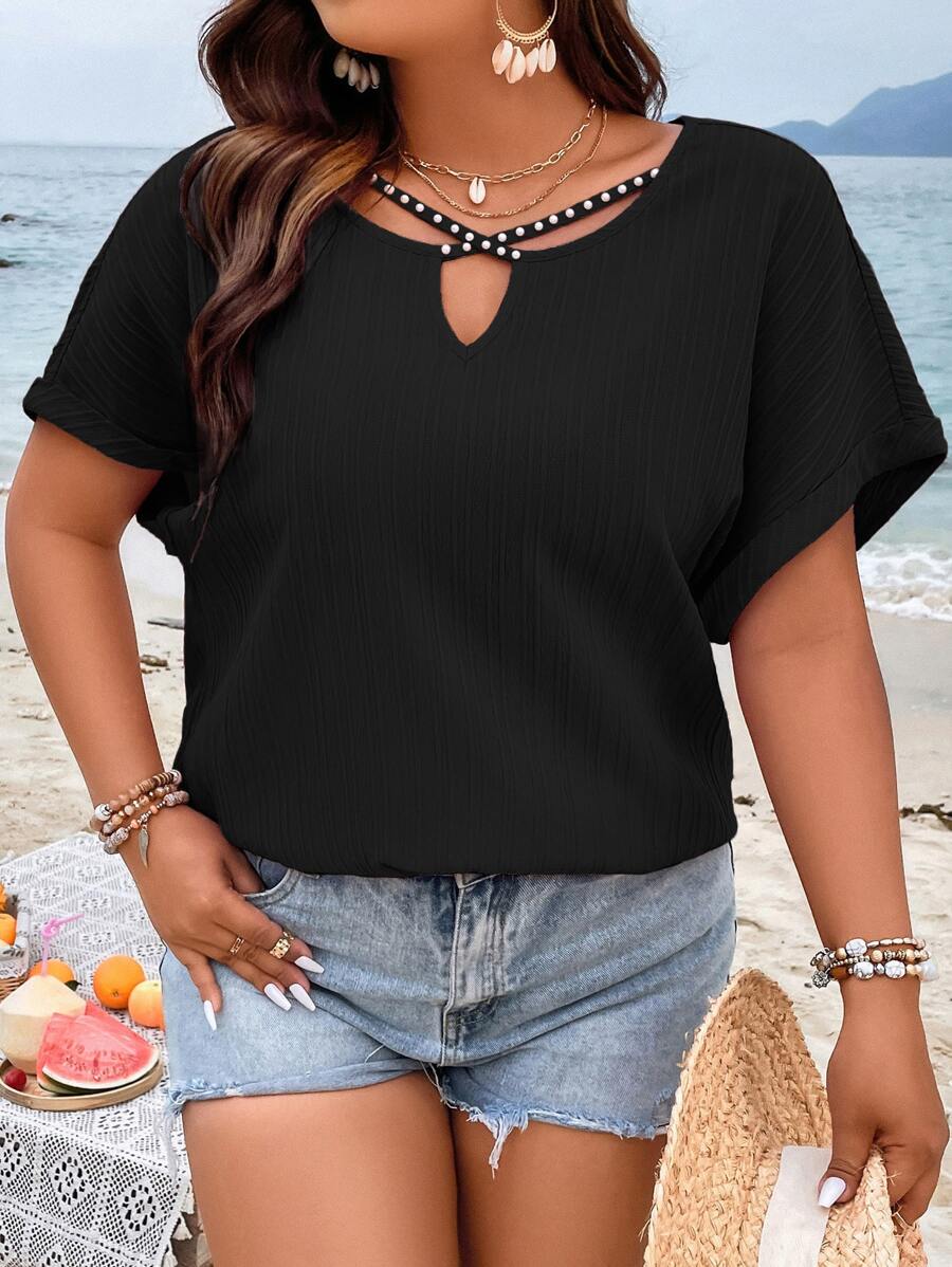 SHEIN LUNE Plus Pearls Beaded Keyhole Neckline Batwing Sleeve Blouse - Black - View 1