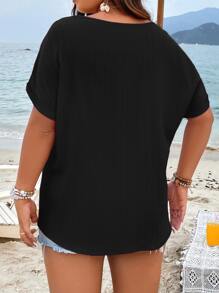SHEIN LUNE Plus Pearls Beaded Keyhole Neckline Batwing Sleeve Blouse - Black - View 2