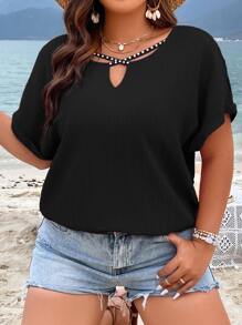 SHEIN LUNE Plus Pearls Beaded Keyhole Neckline Batwing Sleeve Blouse - Black - View 5