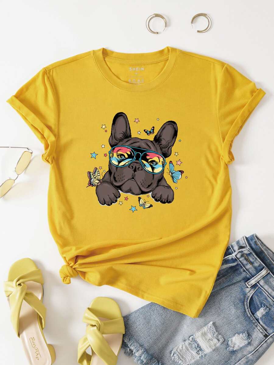 SHEIN Essnce Dog Print Tee - Yellow - View 1