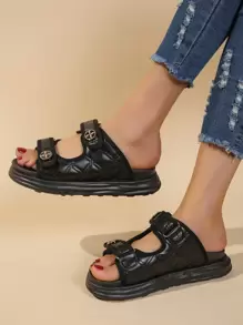 Fashionable Wedge Slide Sandals For Women, Metal Decor Double Strap Wedge Sandals
