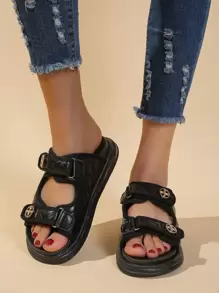 Fashionable Wedge Slide Sandals For Women, Metal Decor Double Strap Wedge Sandals