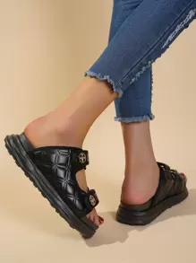 Fashionable Wedge Slide Sandals For Women, Metal Decor Double Strap Wedge Sandals
