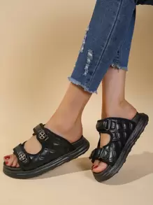 Fashionable Wedge Slide Sandals For Women, Metal Decor Double Strap Wedge Sandals