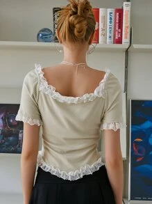 SHEIN Camiseta con encaje en contraste tejido de canalé - Beis - Ver 2