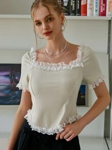 SHEIN Camiseta con encaje en contraste tejido de canalé - Beis - Ver 6