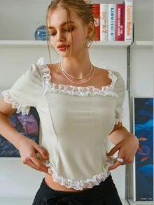SHEIN Camiseta con encaje en contraste tejido de canalé - Beis - Ver 10