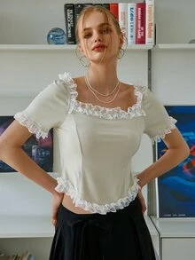 SHEIN Camiseta con encaje en contraste tejido de canalé - Beis - Ver 7