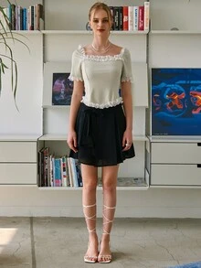 SHEIN Camiseta con encaje en contraste tejido de canalé - Beis - Ver 8