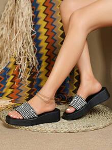 Women Rhinestone Decor Sandals, Glamorous Glass Wedge Slide Sandals For Summer - Black - View 2