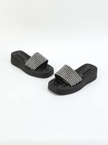 Women Rhinestone Decor Sandals, Glamorous Glass Wedge Slide Sandals For Summer - Black - View 3