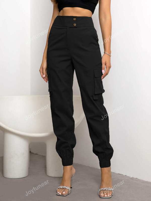 Joyfunear Pantaloni cargo lateral cu buzunare cu clapă