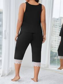 Bộ Giản Dị Kích Thước Lớn Tương phản ren Khối Màu Giải trí - màu đen - Xem 3