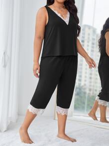 Bộ Giản Dị Kích Thước Lớn Tương phản ren Khối Màu Giải trí - màu đen - Xem 5