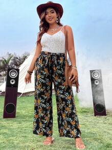 SHEIN Holidaya con encaje Top de tirantes & con estampado floral con cinturón Pantalones de pierna ancha