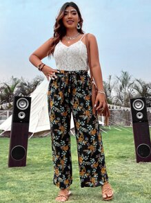SHEIN Holidaya con encaje Top de tirantes & con estampado floral con cinturón Pantalones de pierna ancha