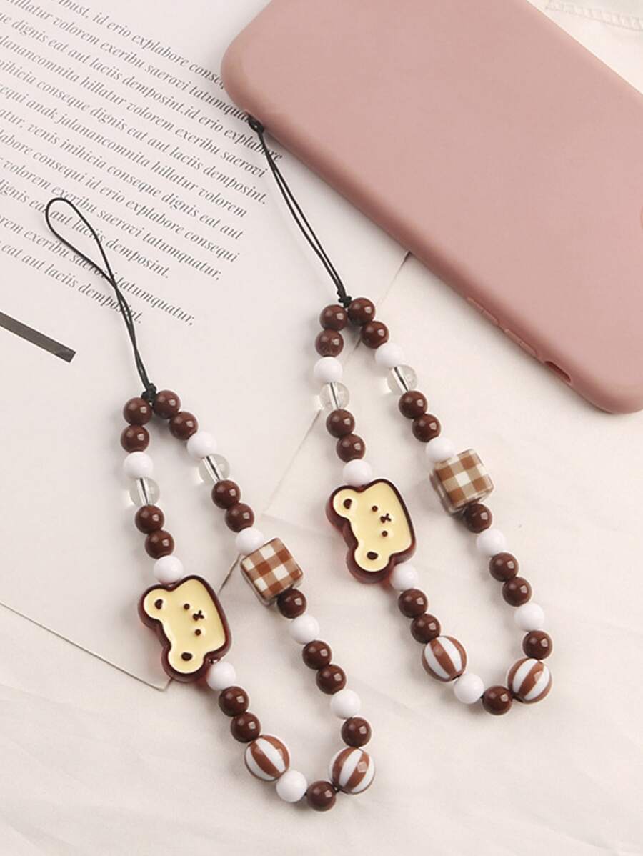 1pc Cartoon Bear Trang trí dây buộc điện thoại đính cườm - Cà phê nâu - Xem 1