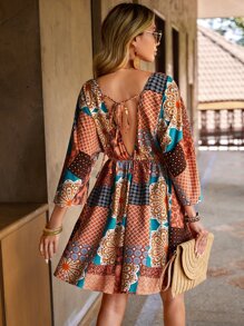SHEIN VCAY Vestido con estampado de retazo de manga murciélago - Multicolor - Ver 2
