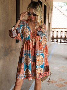 SHEIN VCAY Vestido con estampado de retazo de manga murciélago - Multicolor - Ver 5