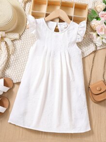 Trang phục thường ngày phong cách đường phố màu trắng trơn cho cô gái trẻ với cổ tròn và tay áo xếp nếp cho mùa hè - trắng - Xem 1