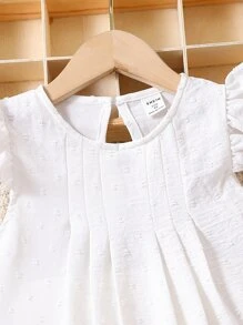 Trang phục thường ngày phong cách đường phố màu trắng trơn cho cô gái trẻ với cổ tròn và tay áo xếp nếp cho mùa hè - trắng - Xem 5