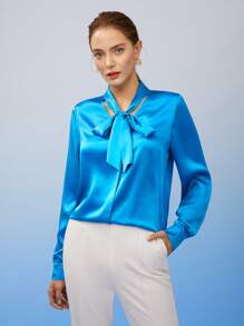 MOTF PREMIUM PURE SILK TIE-NECK BLOUSE - Blue - View 2